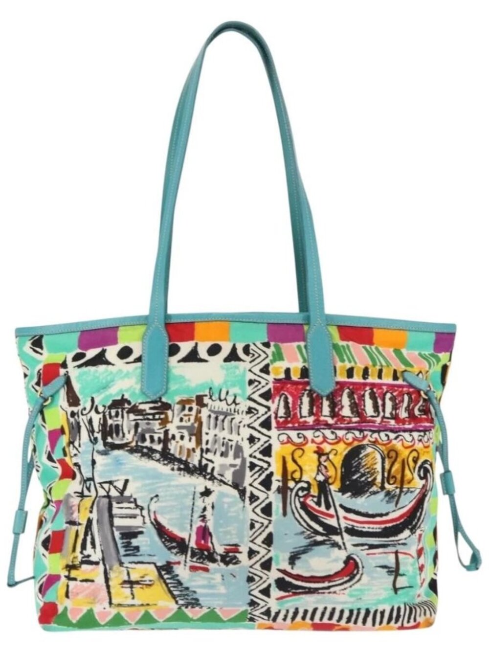 PRADA Tote Bag Nylon Leather Turquoise Blue Gold Auth 147406 - Picture 3 of 16